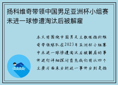 扬科维奇带领中国男足亚洲杯小组赛未进一球惨遭淘汰后被解雇