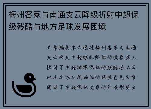 梅州客家与南通支云降级折射中超保级残酷与地方足球发展困境 梅州客家与南通支云降级折射中超保级残酷与地方足球发展困境